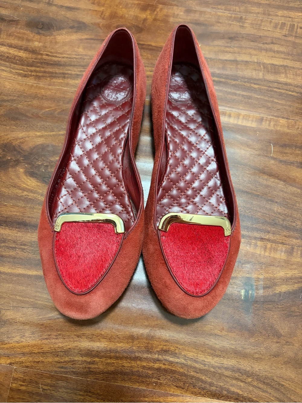 Tory Burch Red Haircalf leather flats with Gold Accent
